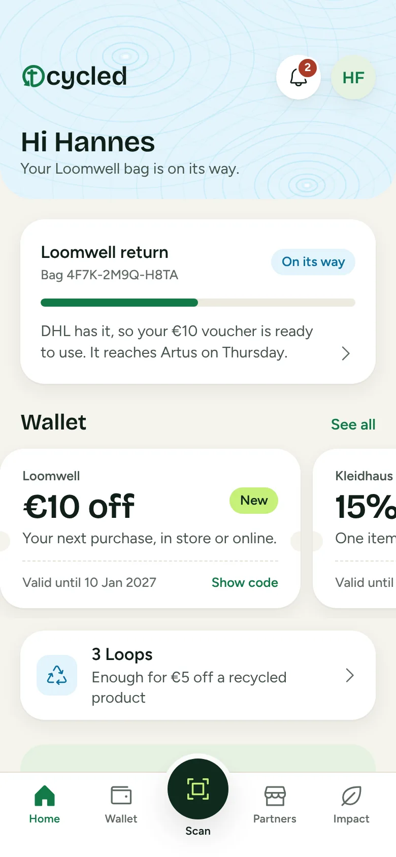 tcycled home screen with a bag on its way and a voucher ready
