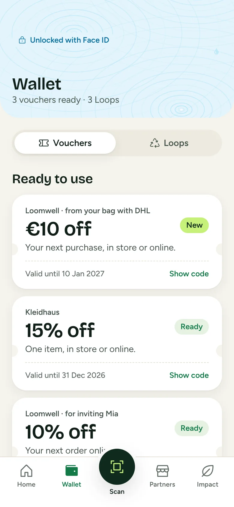 Wallet mit Gutscheinen von Partnershops